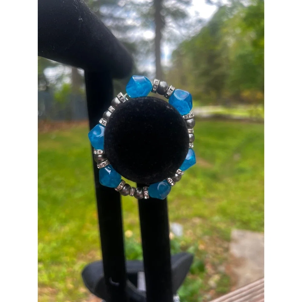 Vtg Blue Chunky Beaded Stretch‎ Bracelet Silver Tone Rhinestone Y2K Statement